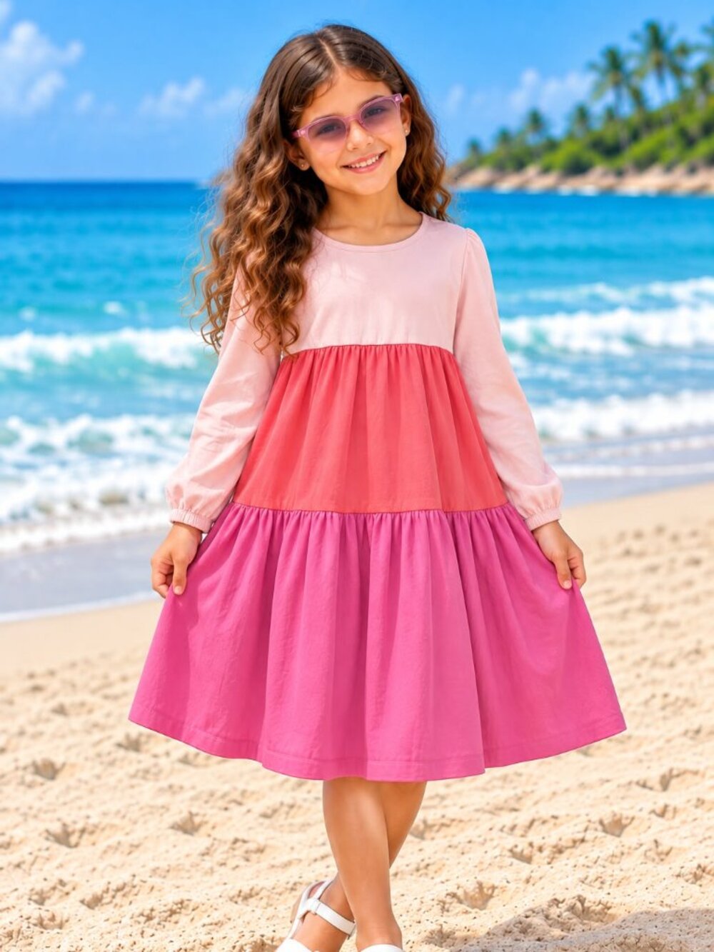 GIRLS COLORBLOCK TIERED LONG SLEEVE DRESS